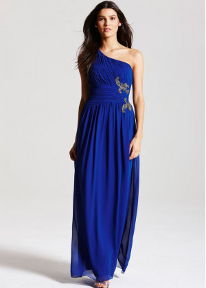 Royal Blue Chiffon One Shoulder Long Prom Dress 